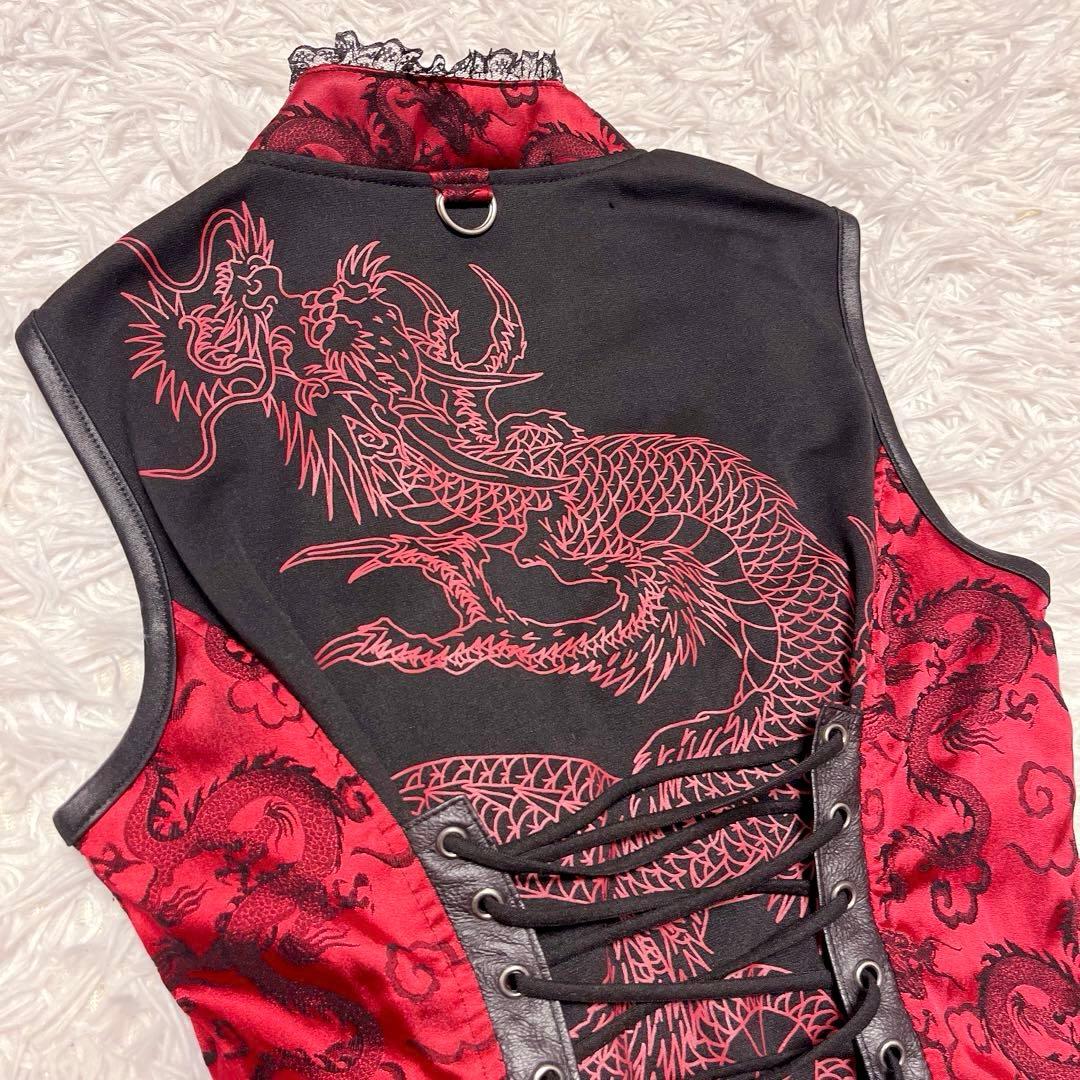 QutieFrash ドラゴン サテン ベスト コルセット レースアップ 赤