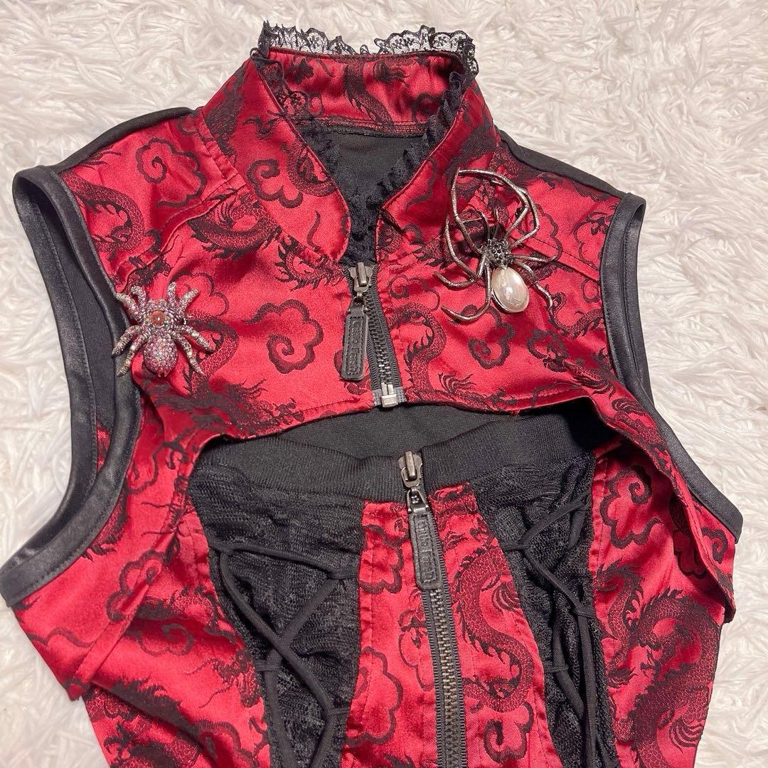 QutieFrash ドラゴン サテン ベスト コルセット レースアップ 赤