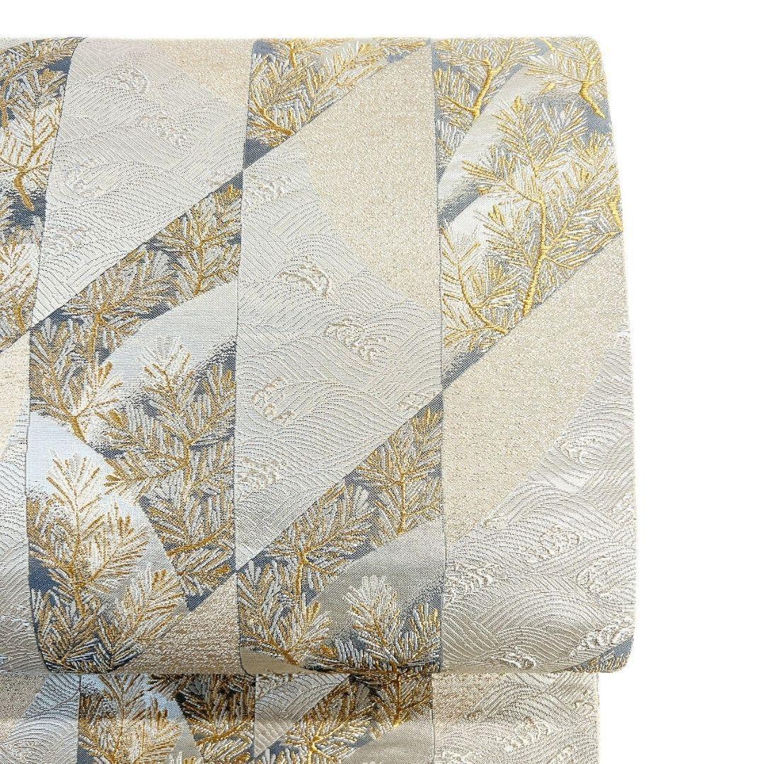 袋帯　献上松葉紋　縦縞　波模様　松葉　金糸　着物　123b p ms
