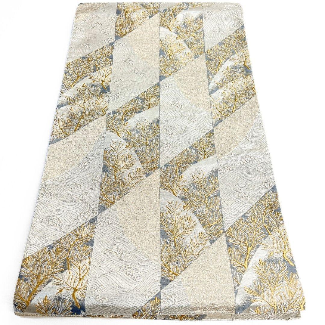 袋帯　献上松葉紋　縦縞　波模様　松葉　金糸　着物　123b p ms