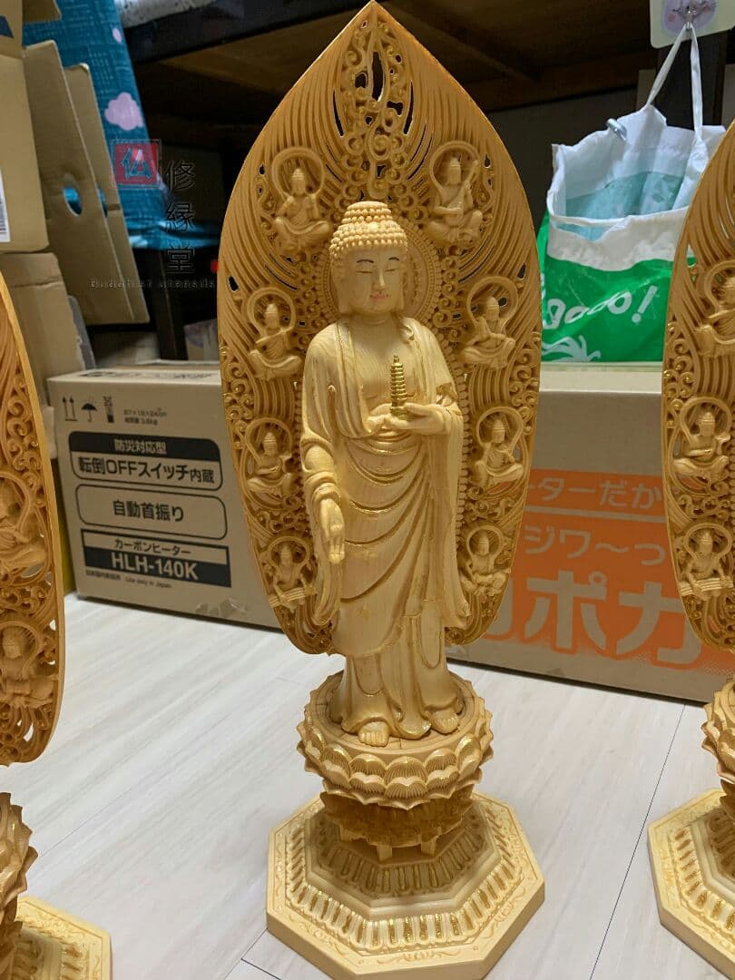 【修縁堂】43CM 欠損品 木彫仏像 薬師三尊立像 彫刻 本金 切金 檜材