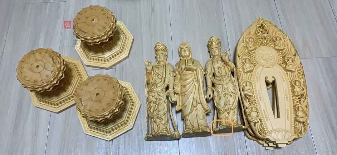 【修縁堂】43CM 欠損品 木彫仏像 薬師三尊立像 彫刻 本金 切金 檜材