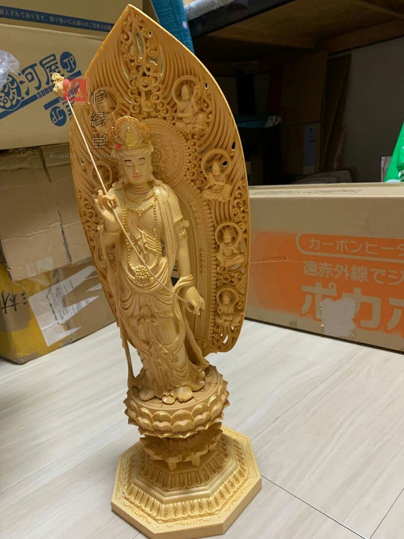 【修縁堂】43CM 欠損品 木彫仏像 薬師三尊立像 彫刻 本金 切金 檜材