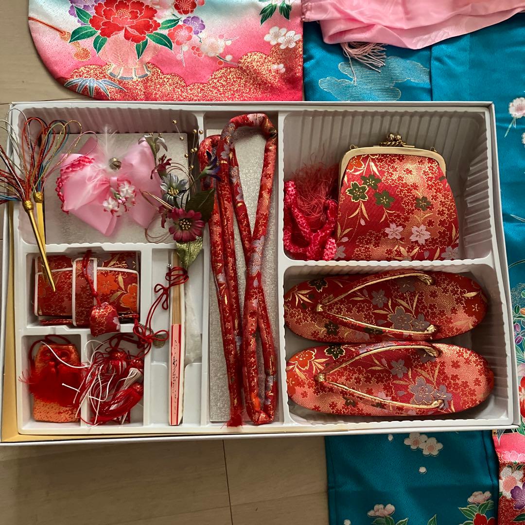 ★底値！百貨店購入7歳七五三フルセット青花柄 着物長襦袢紐小物和装一式セット★