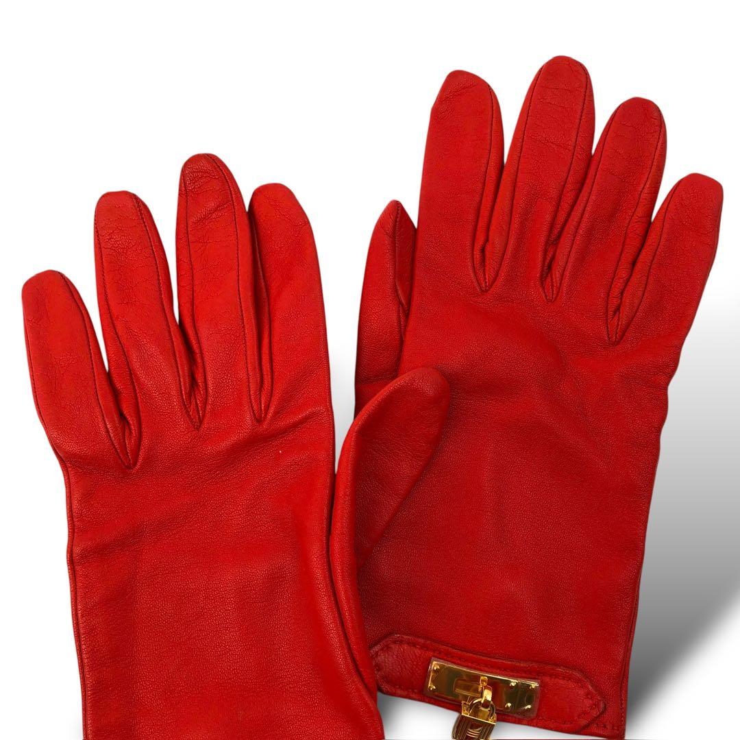 美品 HERMES エルメス ゴールド金具 レザーグローブ 手袋 ケリー 赤