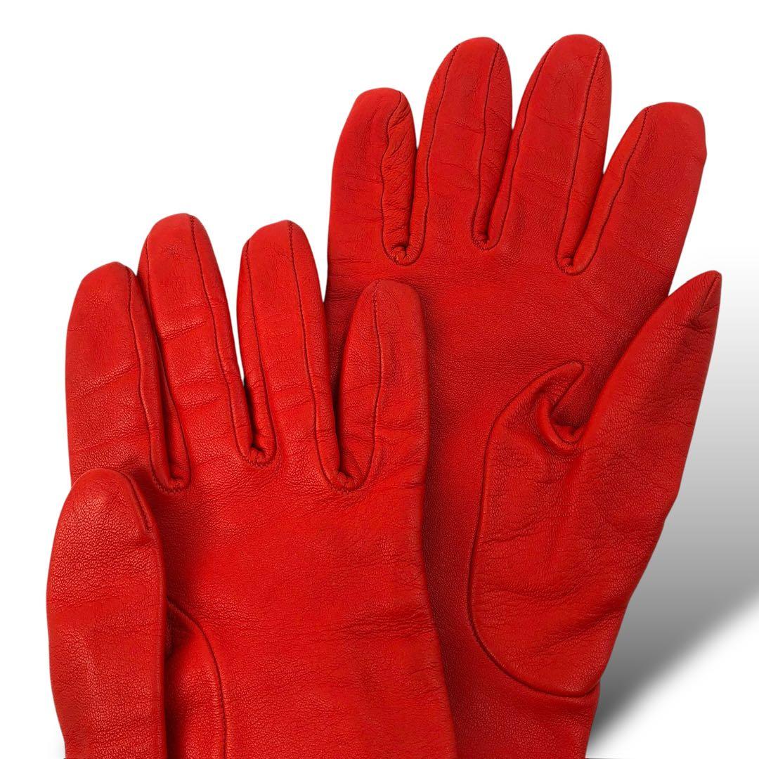 美品 HERMES エルメス ゴールド金具 レザーグローブ 手袋 ケリー 赤