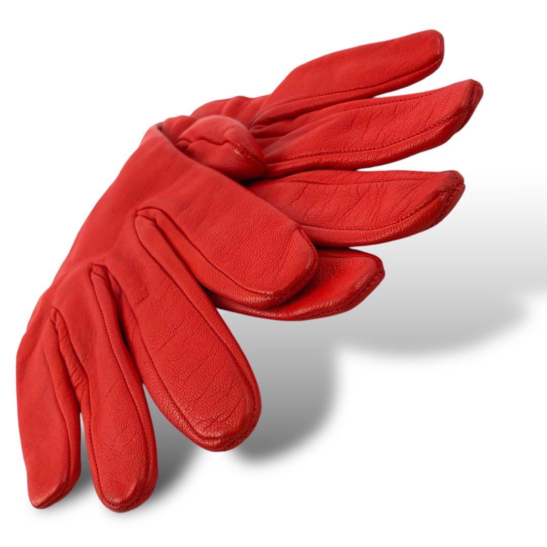 美品 HERMES エルメス ゴールド金具 レザーグローブ 手袋 ケリー 赤