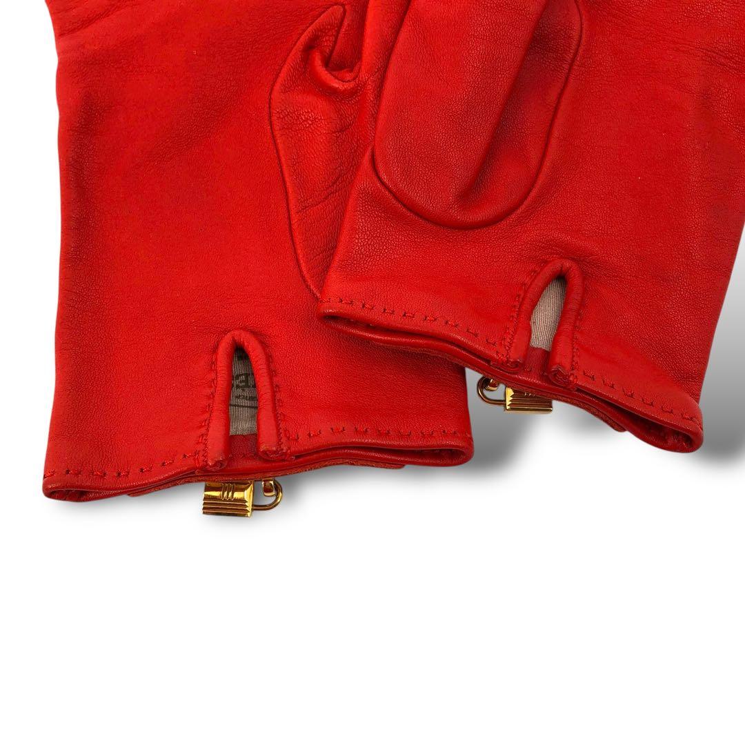 美品 HERMES エルメス ゴールド金具 レザーグローブ 手袋 ケリー 赤