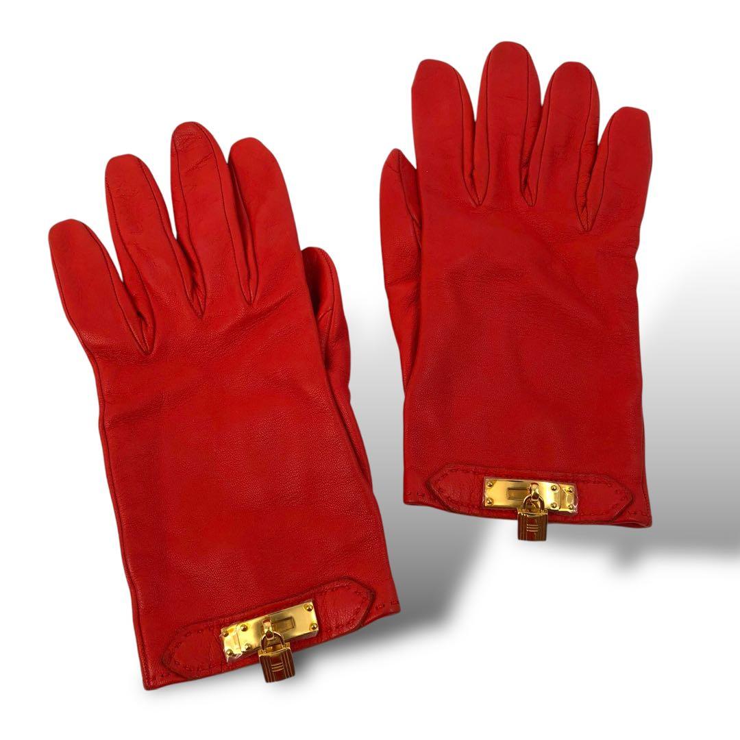 美品 HERMES エルメス ゴールド金具 レザーグローブ 手袋 ケリー 赤