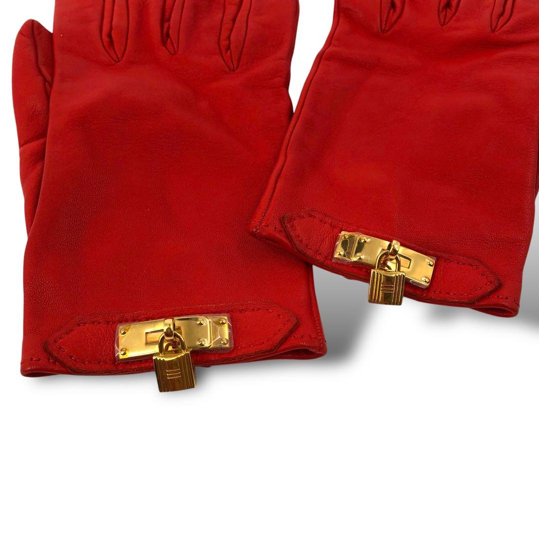 美品 HERMES エルメス ゴールド金具 レザーグローブ 手袋 ケリー 赤