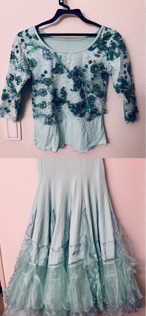 社交ダンス　薄い水色 フリル付き スカートとトップス セット　Lサイズ