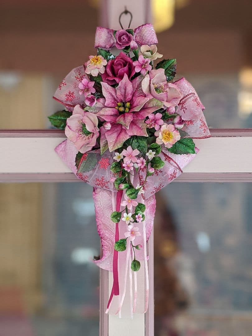 クレイフラワー♡ロココ調リボン台にピンクのポインセチア♡クリスマス♡ハンドメイド