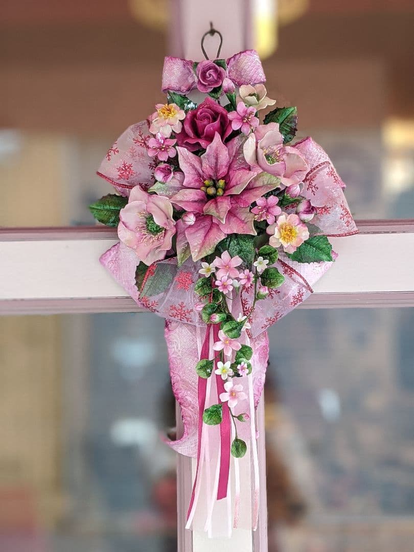 クレイフラワー♡ロココ調リボン台にピンクのポインセチア♡クリスマス♡ハンドメイド