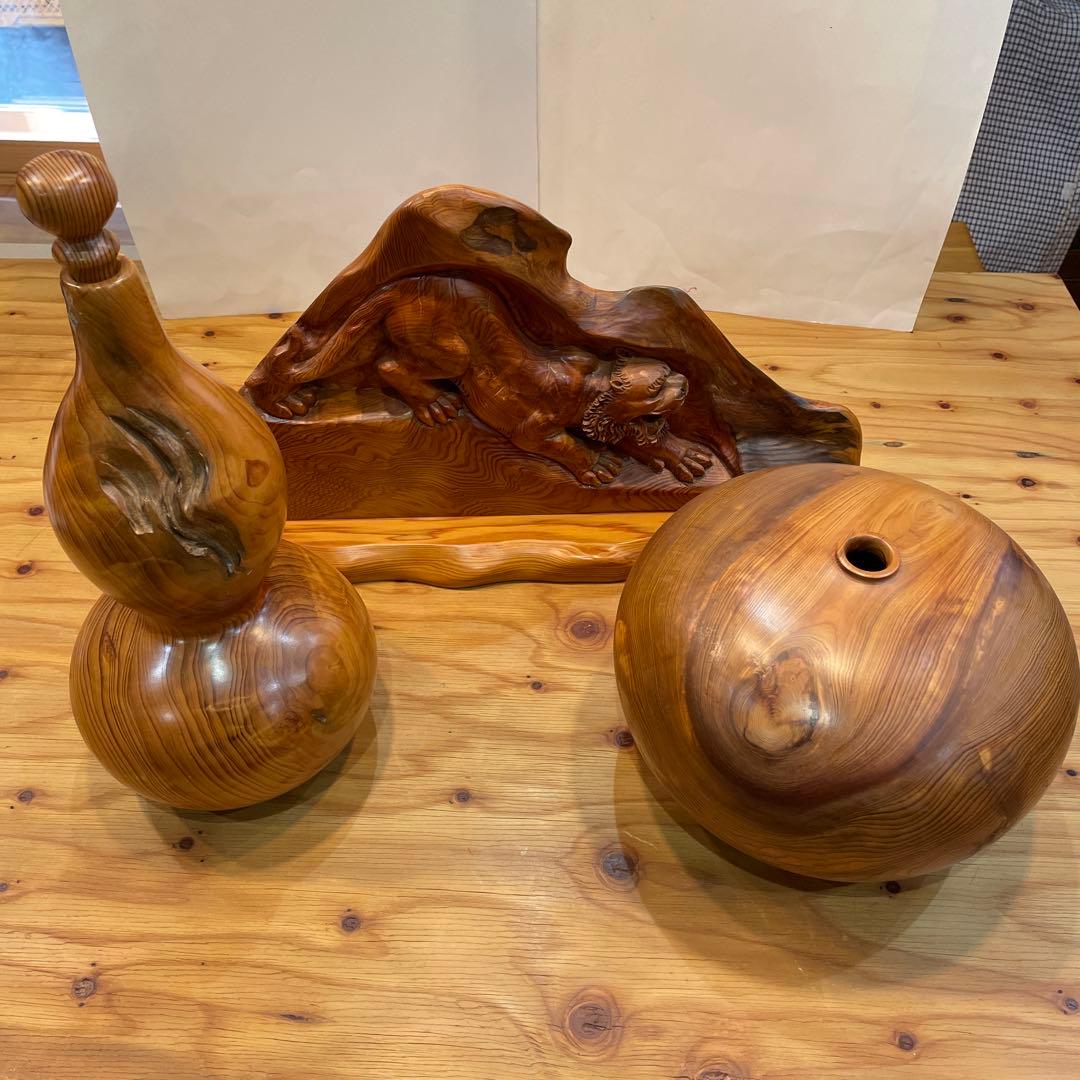 屋久杉彫刻&屋久杉瓢箪&屋久杉一輪挿し　希少品セット販売