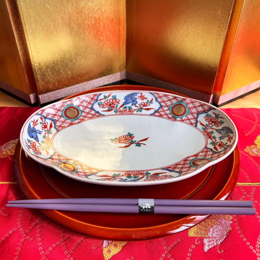【未使用品】たち吉　橘吉　赤絵花鳥金彩丸紋　楕円皿5枚セット　希少　廃盤品