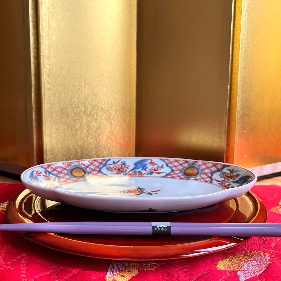 【未使用品】たち吉　橘吉　赤絵花鳥金彩丸紋　楕円皿5枚セット　希少　廃盤品