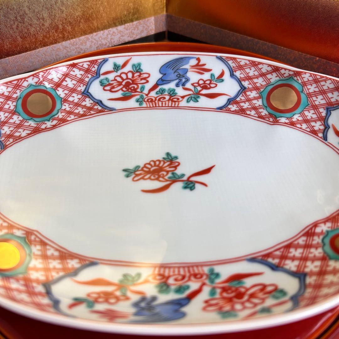 【未使用品】たち吉　橘吉　赤絵花鳥金彩丸紋　楕円皿5枚セット　希少　廃盤品