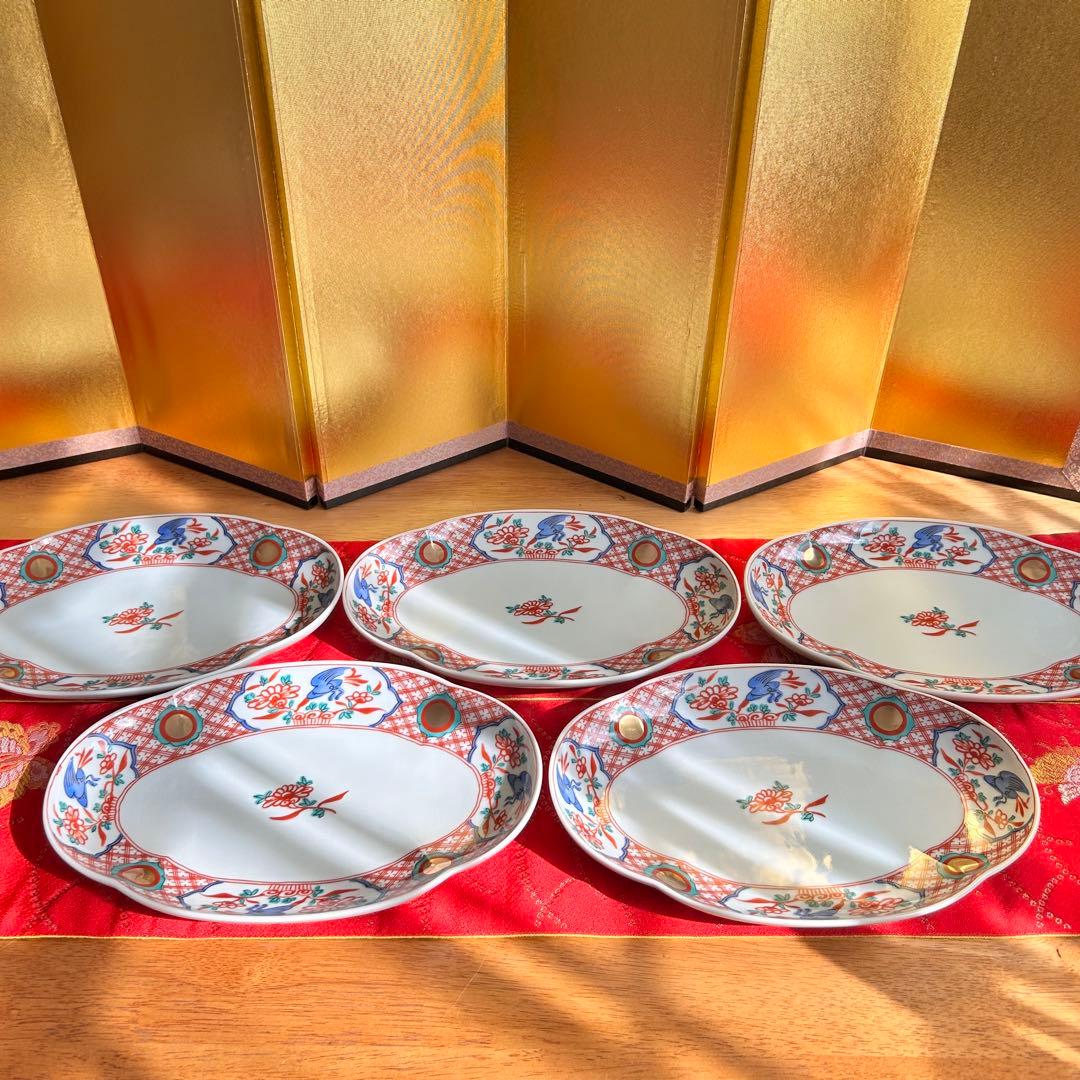【未使用品】たち吉　橘吉　赤絵花鳥金彩丸紋　楕円皿5枚セット　希少　廃盤品