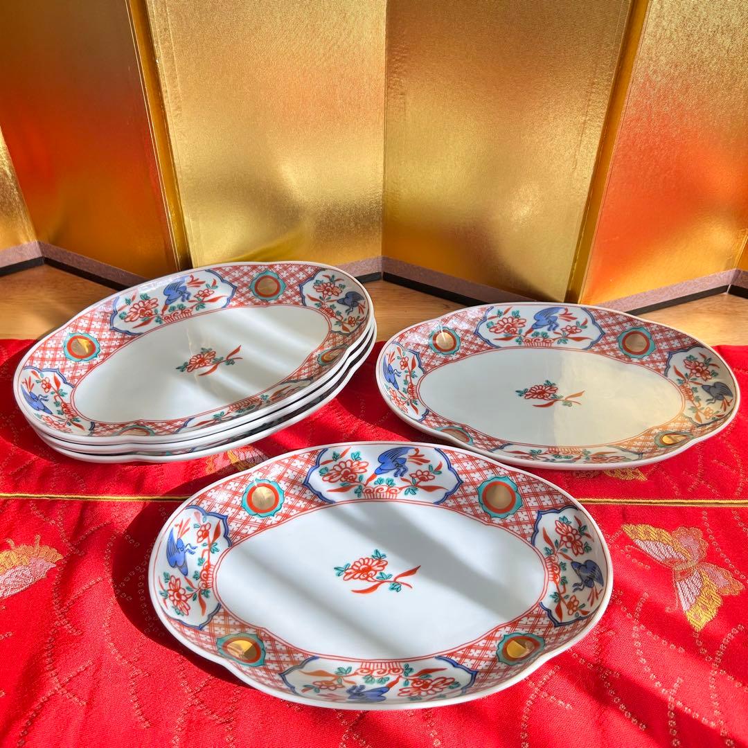 【未使用品】たち吉　橘吉　赤絵花鳥金彩丸紋　楕円皿5枚セット　希少　廃盤品