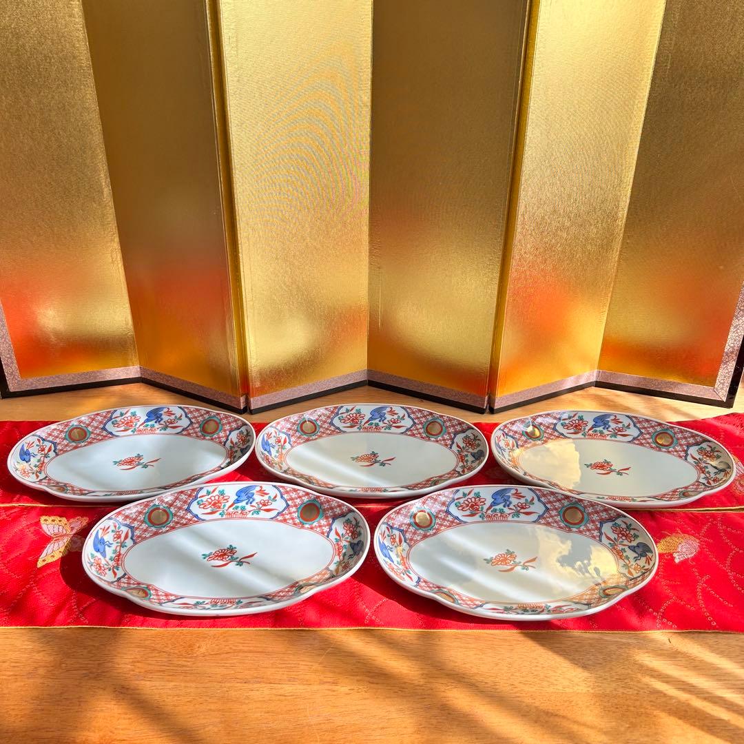 【未使用品】たち吉　橘吉　赤絵花鳥金彩丸紋　楕円皿5枚セット　希少　廃盤品