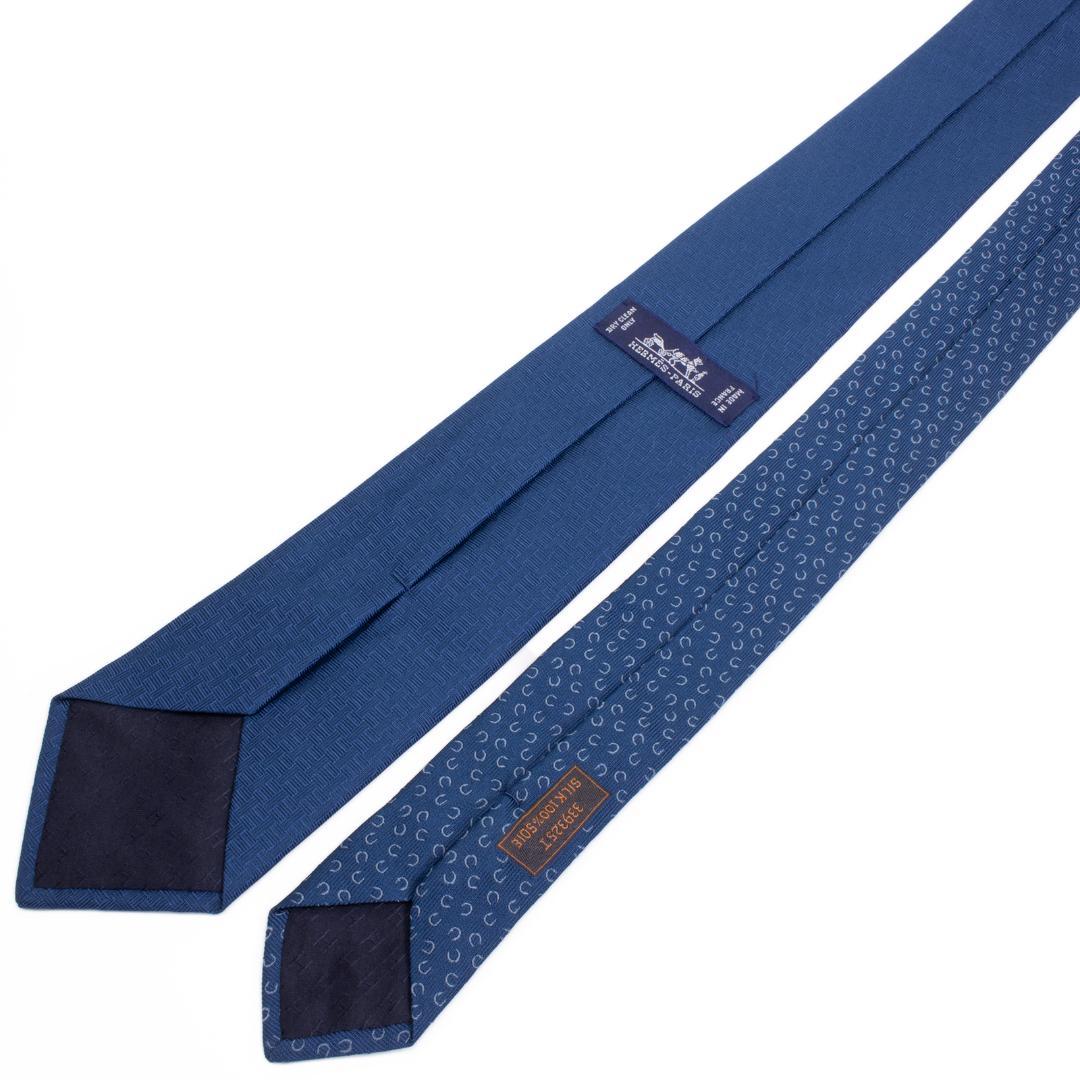 エルメス ネクタイ ジャガードタイ 青 ブルー 白 総柄 Hロゴ マーク 蹄鉄