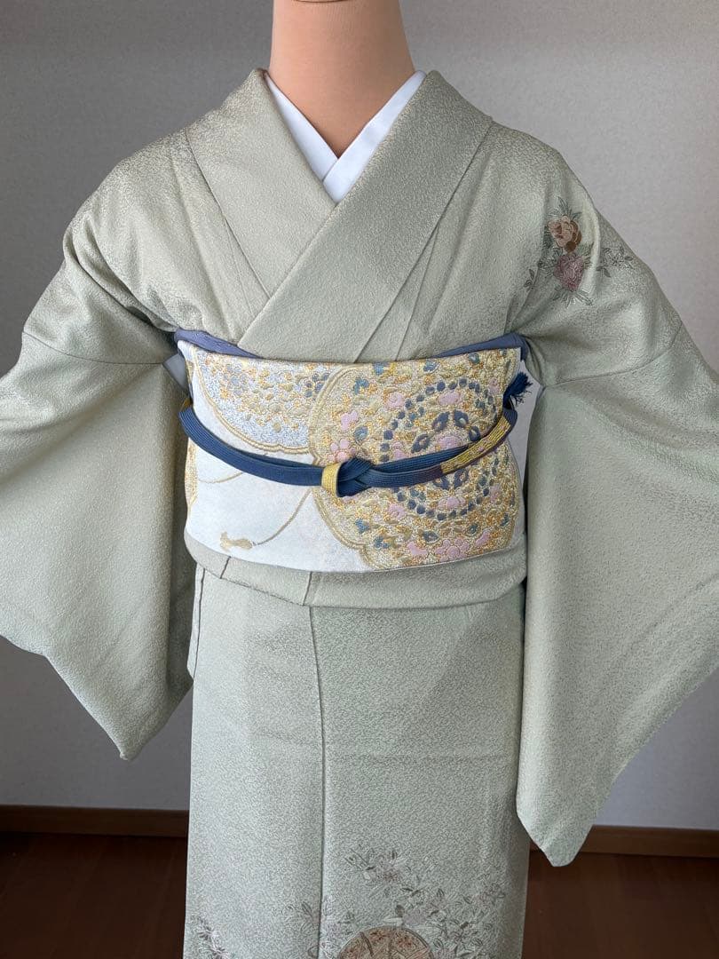 4点フルセット 訪問着　袋帯　帯揚げ　帯締め　スワトウ刺繍　逸品