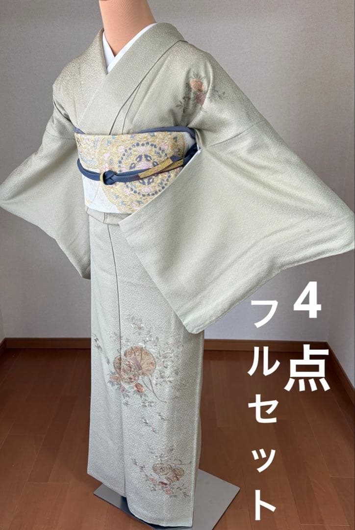 4点フルセット 訪問着　袋帯　帯揚げ　帯締め　スワトウ刺繍　逸品