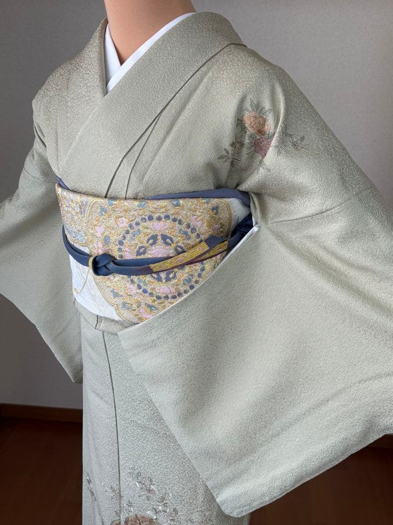 4点フルセット 訪問着　袋帯　帯揚げ　帯締め　スワトウ刺繍　逸品