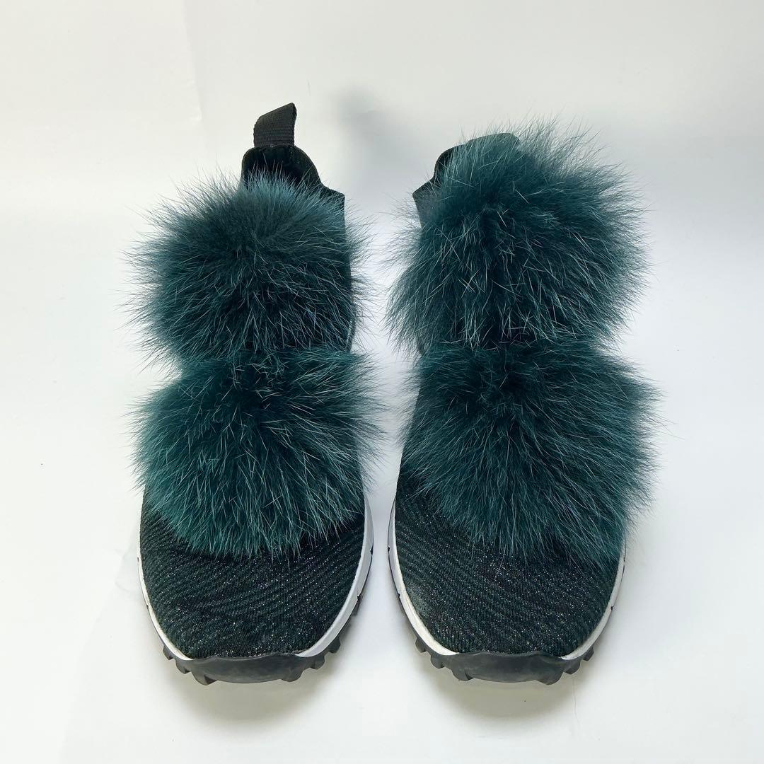 JIMMY CHOO　Norway　ファーポンポン付きニットスニーカー