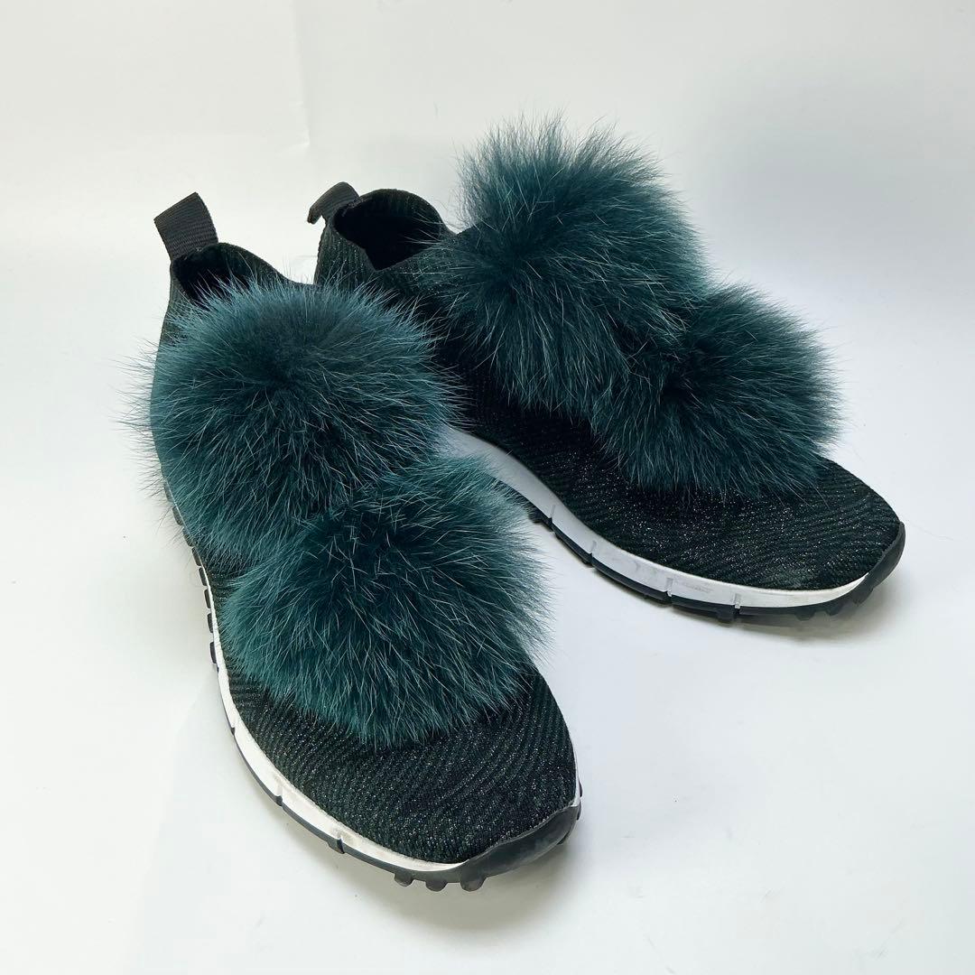 JIMMY CHOO　Norway　ファーポンポン付きニットスニーカー