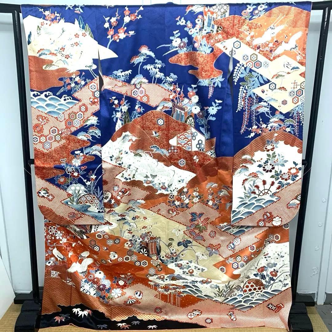 D20 正絹 振袖 鶴 華模様 御所車 豪華 成人式 着物 170cm以上