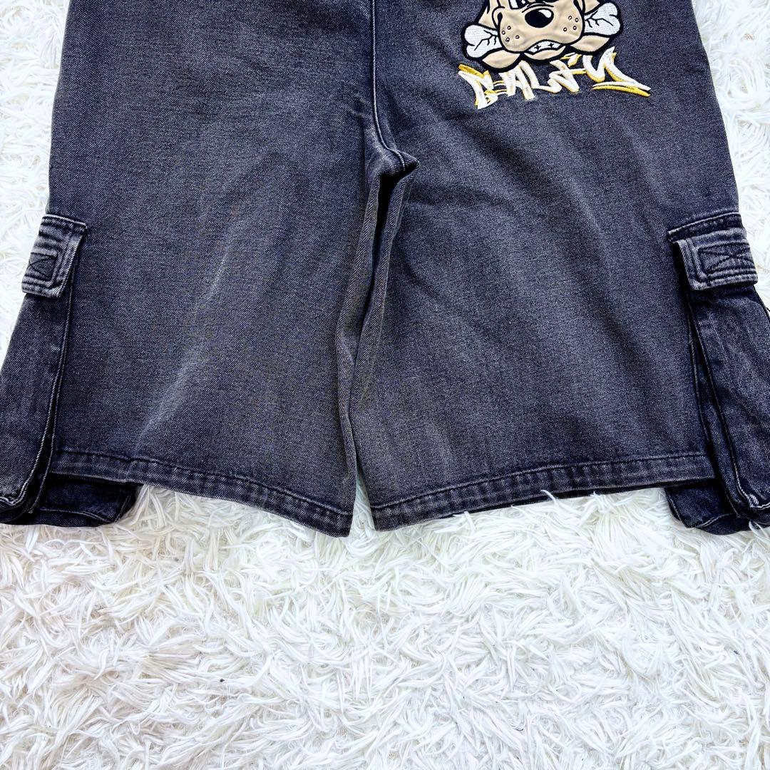 美品 GALFY 2024年夏発売ハーフデニムカーゴパンツ 中型犬 ロゴ刺繍 L