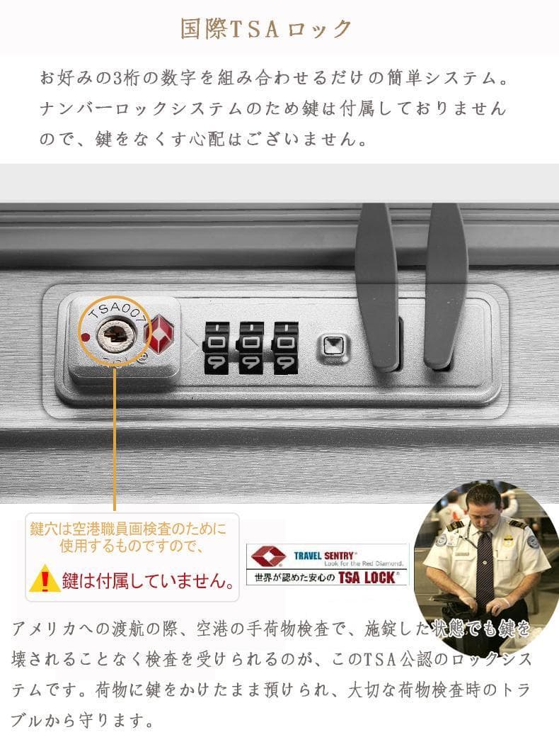 スーツケース Lサイズ・TSAロック・キャリーバッグ　送料無料 最新デザイン 銀