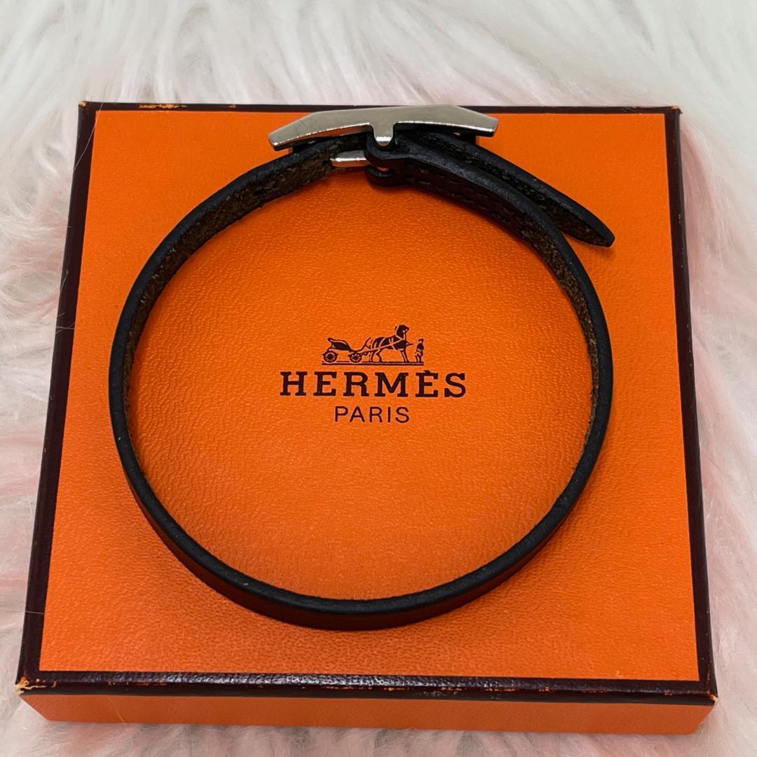 エルメスHERMES レザー ブレスレット アピ Hベルト　ブラック×シルバー