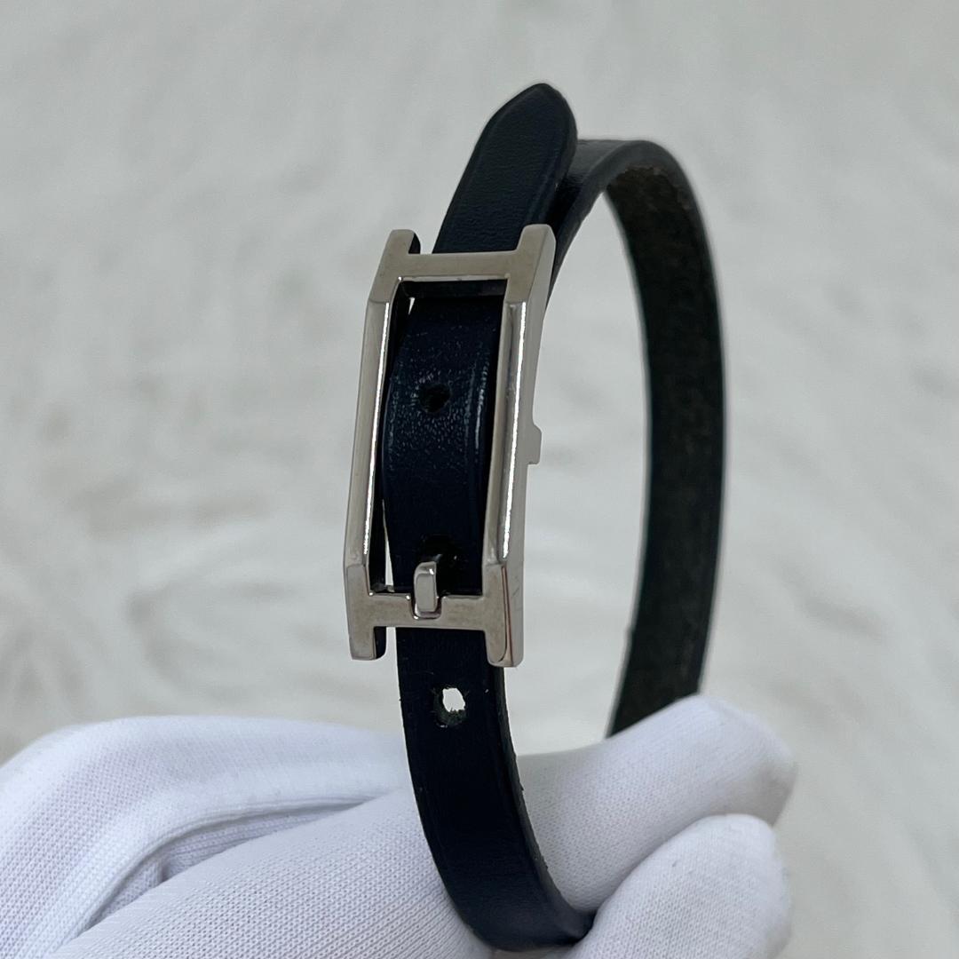 エルメスHERMES レザー ブレスレット アピ Hベルト　ブラック×シルバー