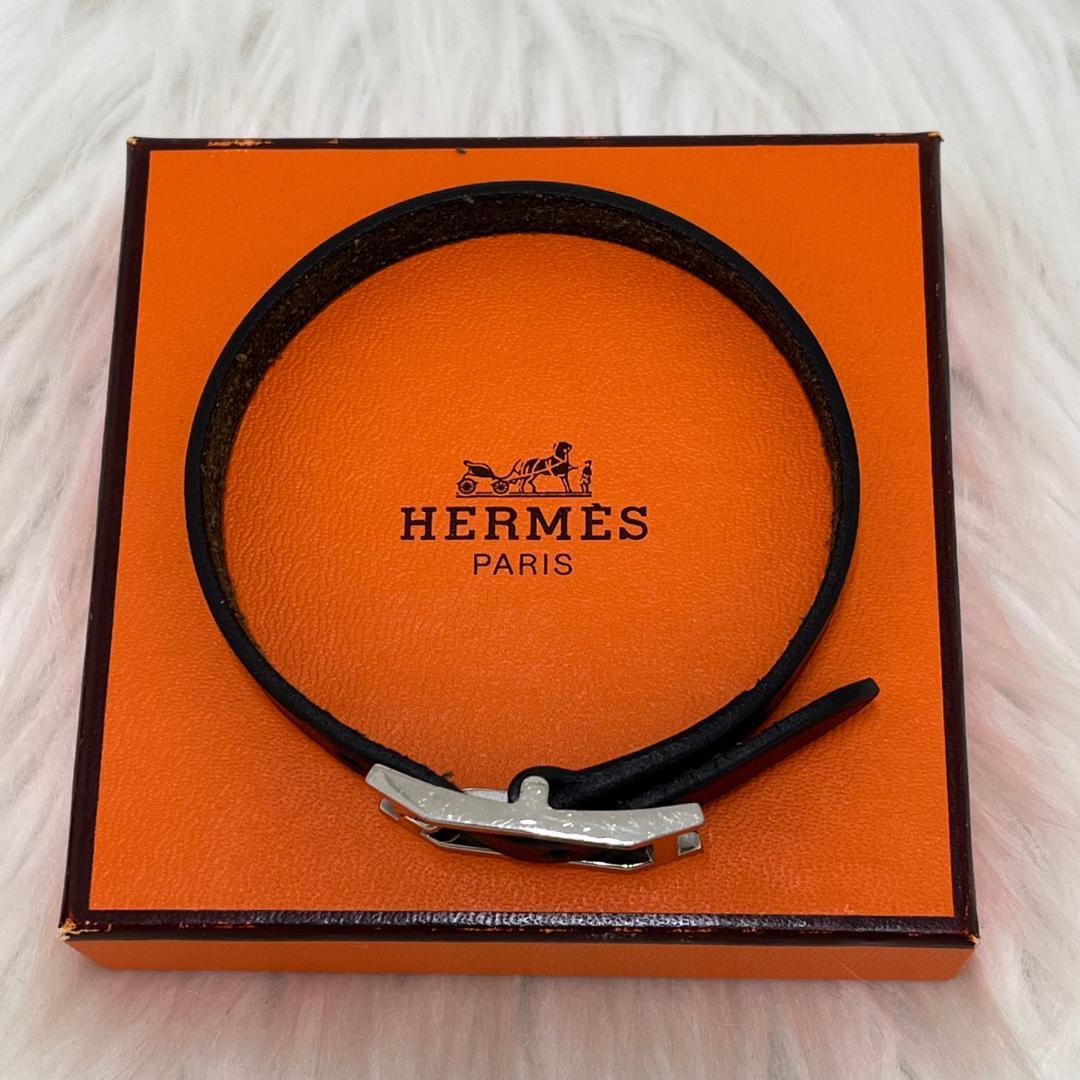 エルメスHERMES レザー ブレスレット アピ Hベルト　ブラック×シルバー