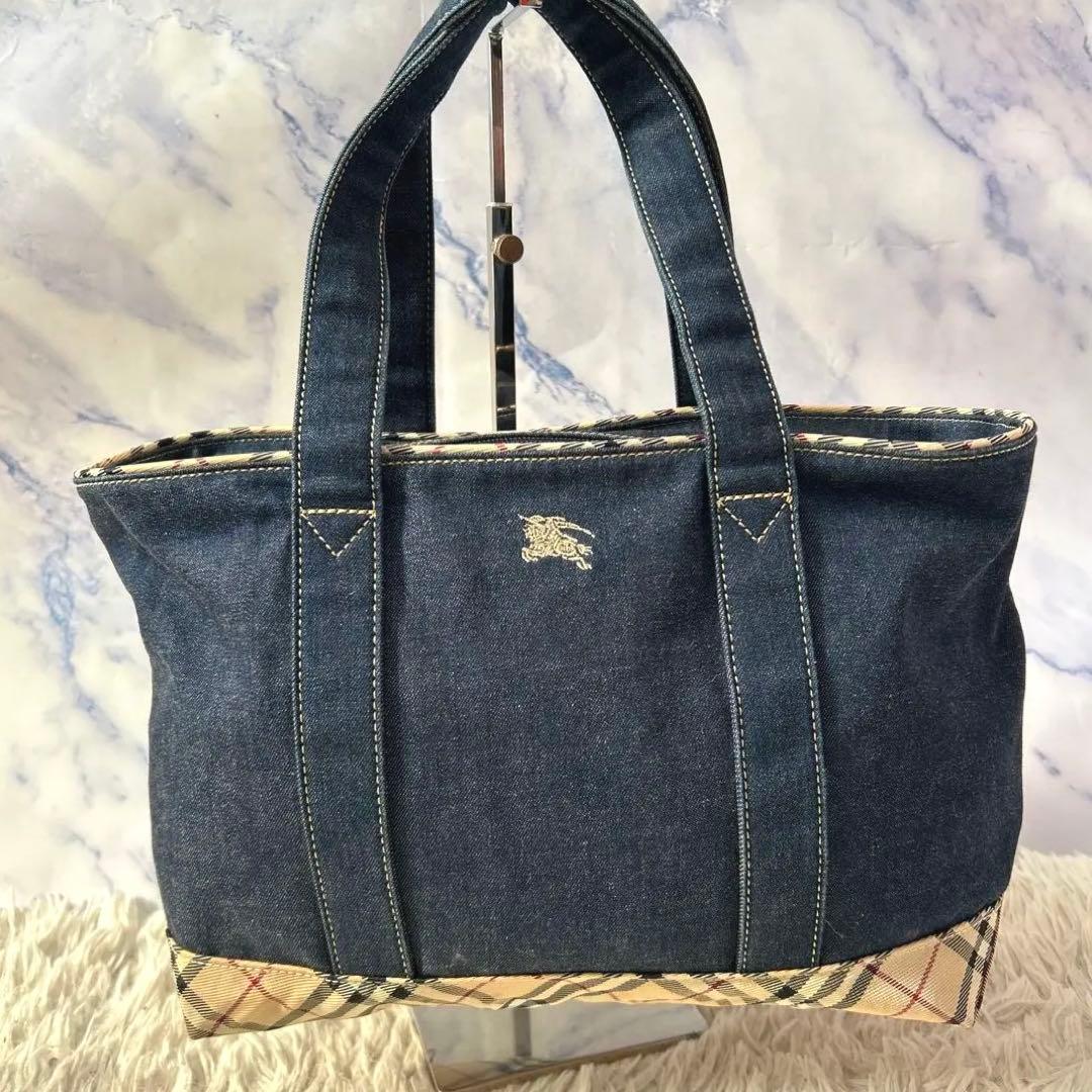 【バーバリーロンドン】　デニムトートバッグ　インディゴ　ノバチェック