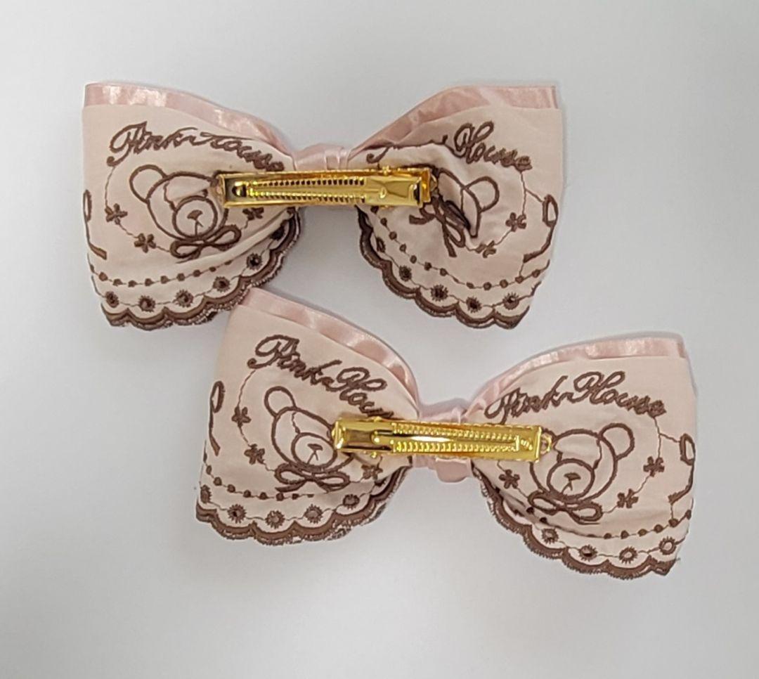 美品　ピンクハウス×青木美沙子コラボ　くま刺繍 リボンヘアクリップ　ピンク