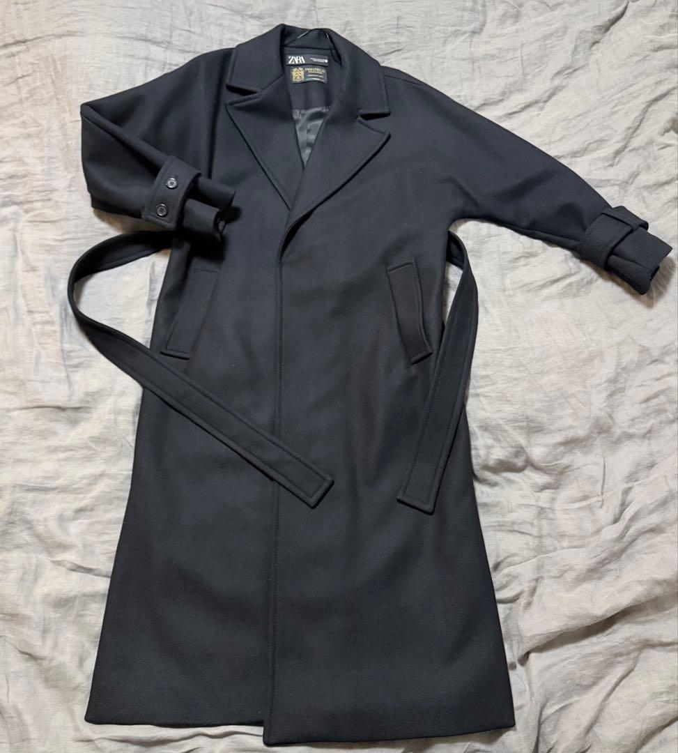 【ZARA】ベルト付きロングコート ブラック マンテコ ウール ガウンコート