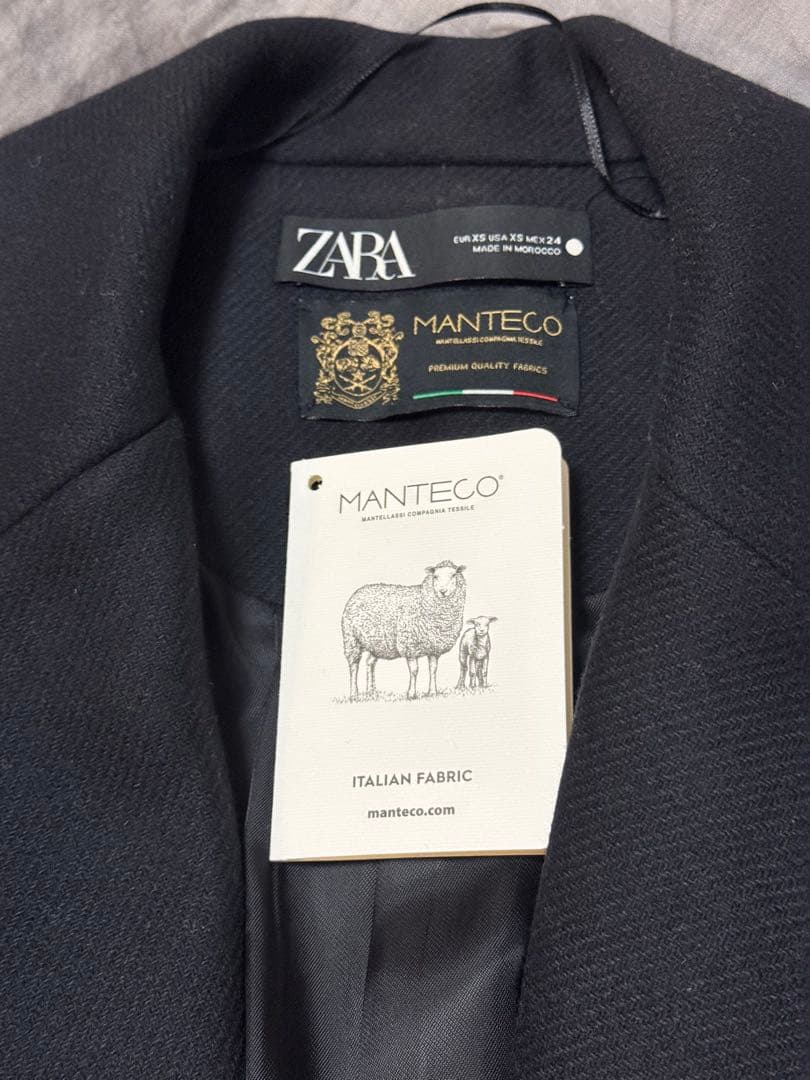 【ZARA】ベルト付きロングコート ブラック マンテコ ウール ガウンコート