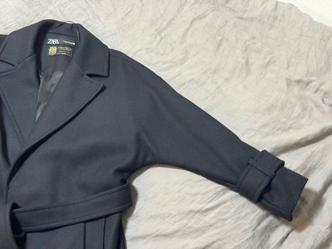 【ZARA】ベルト付きロングコート ブラック マンテコ ウール ガウンコート