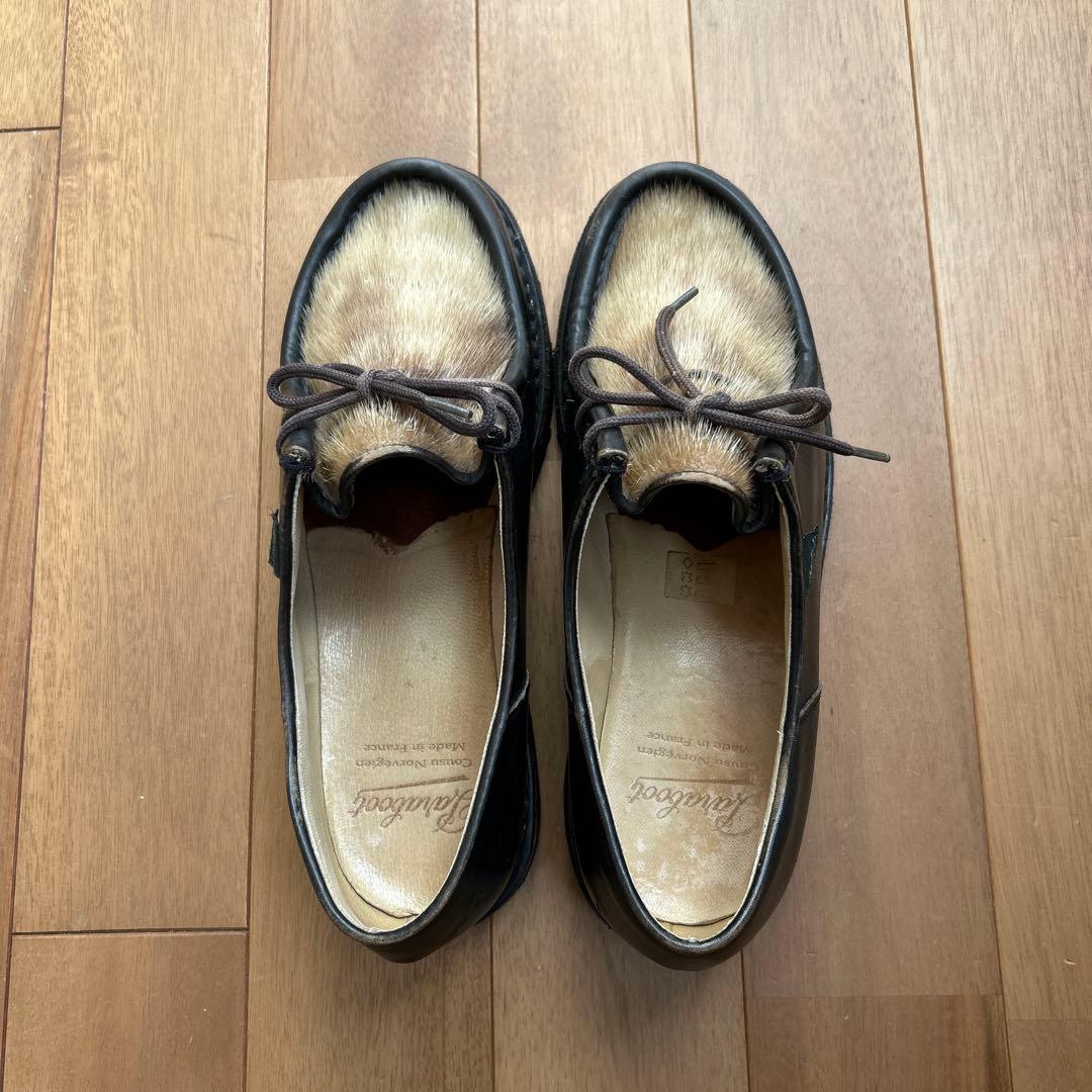 モカシン・デッキシューズ 黒と毛皮のコンビネーション　サイズ42