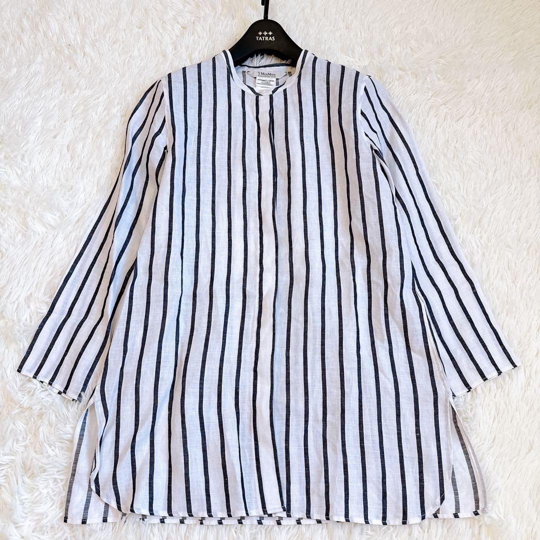 エスマックスマーラ ロングシャツ リネン100% ストライプ ハンガーループ　L