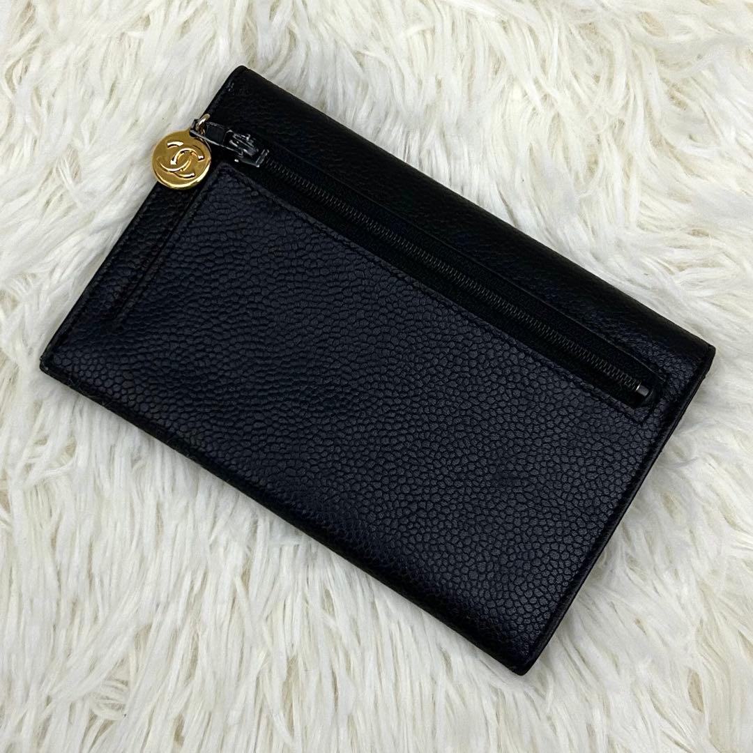 【美品】CHANEL ココマーク キャビアスキン 二つ折り財布 ブラック