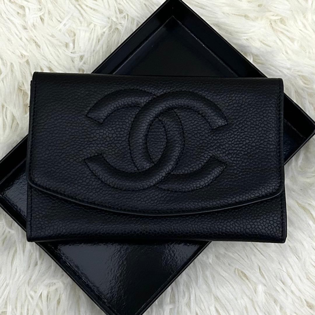 【美品】CHANEL ココマーク キャビアスキン 二つ折り財布 ブラック
