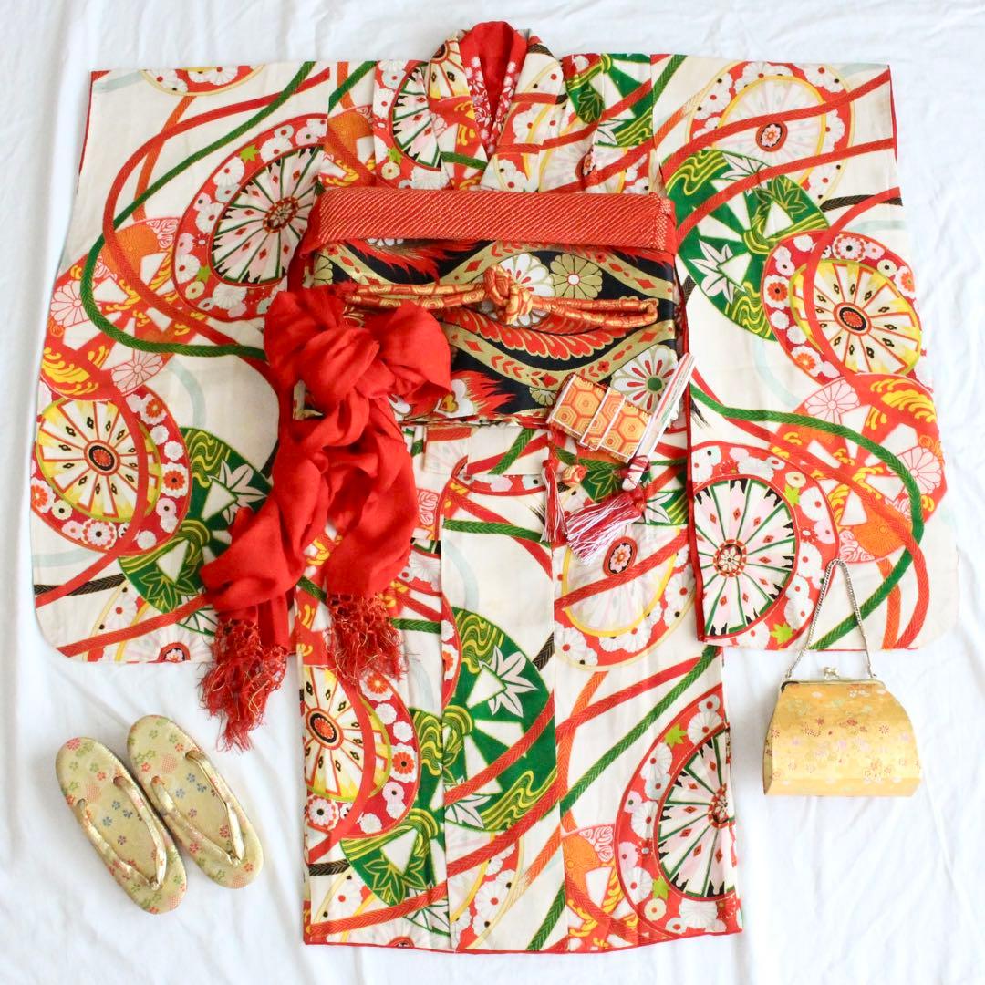 七五三 7歳 女の子 子供 アンティーク 着物 帯 セット