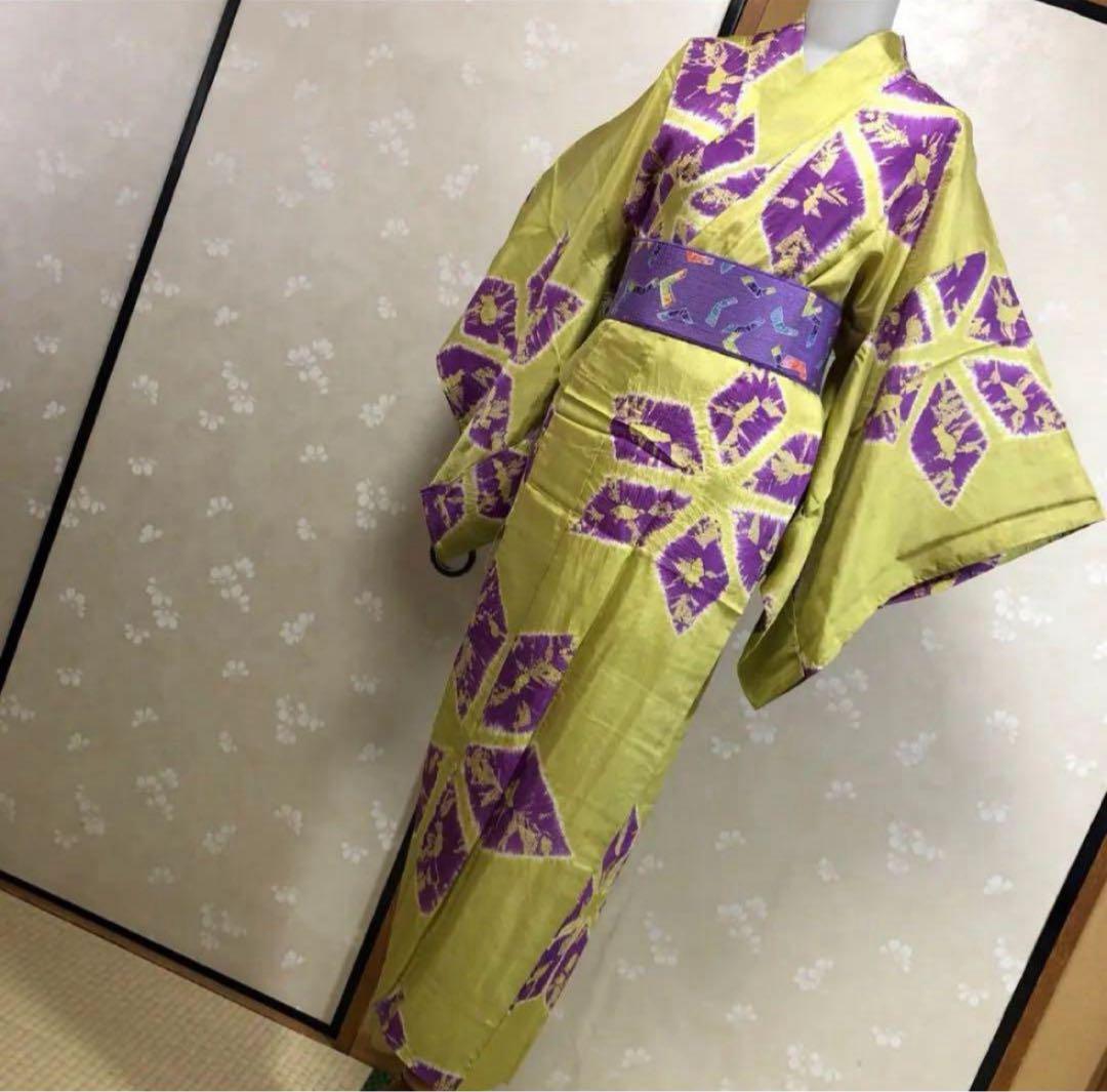 アンティークしぼり長襦袢　黄緑×紫　インパクトあり！