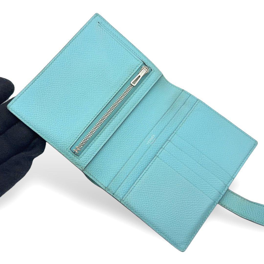 【極美品】エルメス べアンコンパクト ブルージーン T刻印 シルバー 折り財布