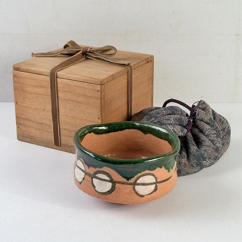 茶道具　八事窯　中村道年作　織部茶碗　仕覆付　時代箱　C　9440