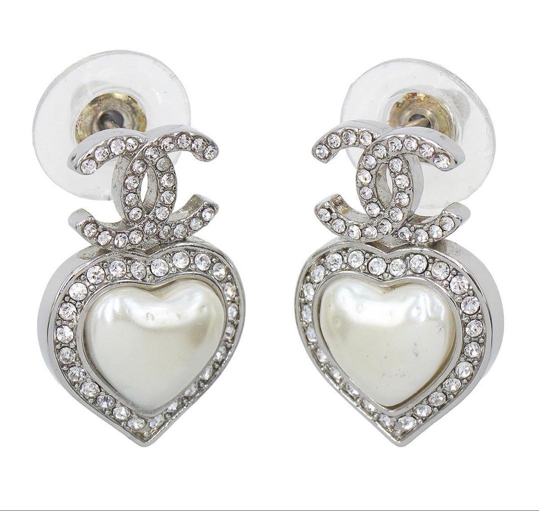 R2754 超美品 シャネル ハート ラインストーン×パール スイング ピアス